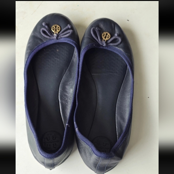 Tory Burch Ballet Flats Size 8M Blue Chelsea Bow Medallion Logo - Picture 7 of 12